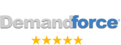 Demandforce logo with five gold stars below it, proudly serving the vibrant community of South Florida. Your trusted eye doctor in Pembroke Pines, committed to excellence and quality care.